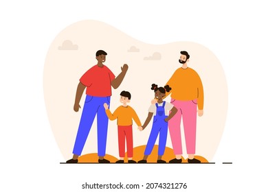 Happy gay couple standing together with their children. Homosexual family with kids. LGBTQ family concept. Modern flat vector illustration
