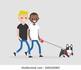 Happy Gay Couple Walking A Dog. Daily Life Of Pet Owners. Flat Editable Vector Illustration, Clip Art