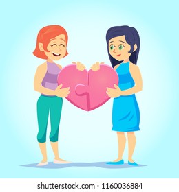 happy gay cute homosexual spouses Smiling young women lesbian lovingly put together heart-shaped puzzle. Couple in love. Vector illustration in cartoon style.