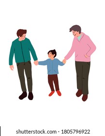 Happy gay family with child. Two fathers walking with son. Adoption baby concept. Flat vector illustration perfect for card, t shirt print, paper