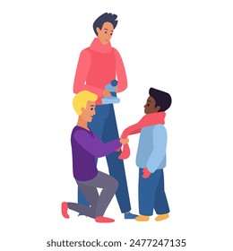 Happy gay family helping little boy to put on hat and scarf, adoption and LGBT vector illustration