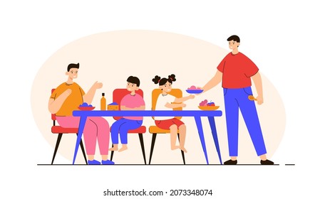 Happy Gay Family Sitting At Table And Having Dinner Together. Homosexual Parents Spending Time With Kids. LGBTQ And Family Activities Concept. Modern Flat Vector Illustration