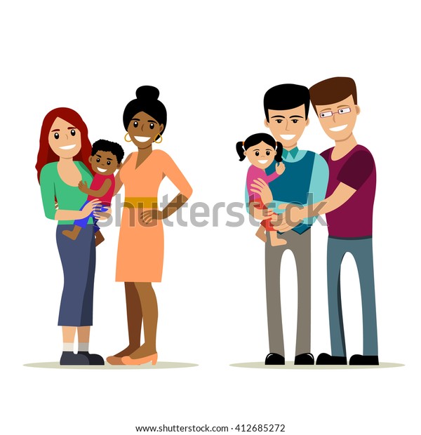 幸せなゲイとレズビアンのカップルと子ども 白い背景にカートーンスタイルのベクターイラスト 同性愛の両親と赤ちゃん 非伝統的で多民族的な家族 Lgbt のベクター画像素材 ロイヤリティフリー