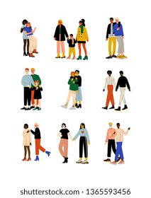 Happy Gay and Lesbian Couples Set, Women and Men Hugging, Homosexual Family Couples and Their Kids, Romantic Homosexual Relationship Vector Illustration