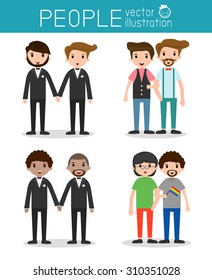 happy gay, loving gay male couple on their wedding day and casual clothes, Vector Illustration