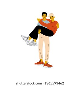 Happy Gay Male Couple, Man Holding His Lover in His Hands, Romantic Homosexual Relationship Vector Illustration