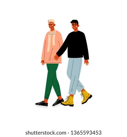 Happy Gay Male Couple, Two Men Holding Hands, Romantic Homosexual Relationship Vector Illustration