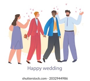 Happy gay newlyweds. Couple of two male characters made wedding. LGBT community with its rights and freedom. Non traditional family. Cartoon flat vector illustration isolated on white background