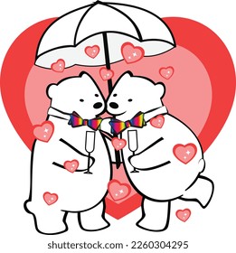 Happy gay polar bear couple and hearts in the Valentines Day