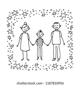 Happy Gay Teen And His Parents. Family Support Symbol. Doodle Style. Design Element For Posters Or Brochures.