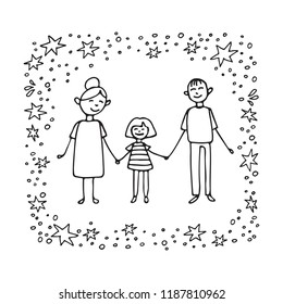 Happy Gay Teen And His Parents. Family Support Symbol. Doodle Style. Design Element For Posters Or Brochures.