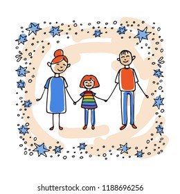 Happy Gay Teen And His Parents. Family Support Symbol. Doodle Style. Design Element For Posters Or Brochures.