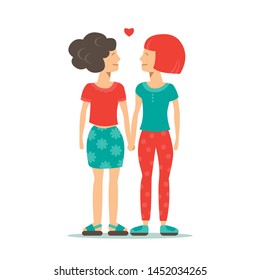 Happy gay woman couple isolated on white background. Vector illustration. Cute homosexual girls. Cartoon characters of  caucasian gay teenagers. lgbt pride symbol. Flat design.