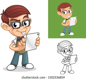 Happy Geek Boy Holding a Tablet Device Cartoon Character Mascot Illustration, Including Flat and Black and White Designs, Vector Illustration, in Isolated White Background.