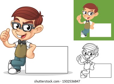 Happy Geek Boy Leaning on Empty Board Cartoon Character Mascot Illustration, Including Flat and Black and White Designs, Vector Illustration, in Isolated White Background.