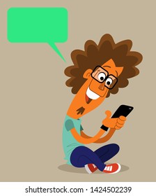 Happy geek boy sitting typing on cellphone