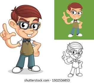 Happy Geek Boy Teasing mit abenteuerlicher Handgestur oder Loser Schildkröte Charakterbild Mascot Illustration, einschließlich flacher und schwarz-weißer Designs, Vektorillustration Illustration, auf isoliertem weißem Hintergrund.