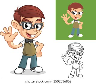 Happy Geek Boy Waving Cartoon Character Mascot Illustration, Including Flat and Black and White Designs, Vector Illustration, in Isolated White Background.
