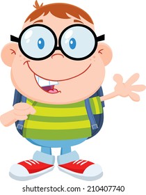 Happy Geek Boy Waving Flat Design. Vector Illustration Isolated on white