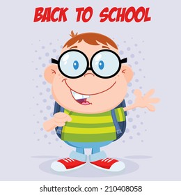 Happy Geek Boy Waving Flat Design With Background And Text. Vector Illustration 