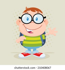 Happy Geek Boy Waving Flat Design With Background. Vector Illustration 