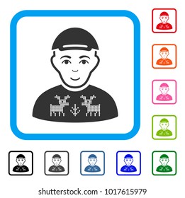 Happy Geek vector pictogram. Human face has glad emotions. Black, gray, green, blue, red, orange color variants of geek symbol inside a rounded square. A guy in a cap.