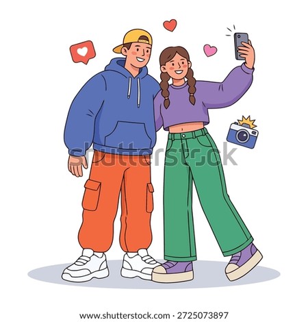 Happy Gen Z Couple Taking Selfie Together – Social Media Love Flat Vector Illustration