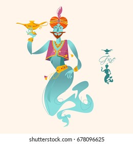 Happy genie with magic lamp. Vector illustration