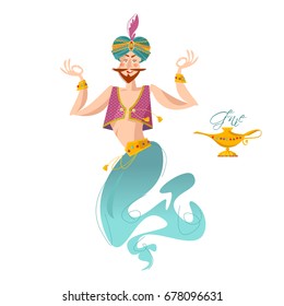 Happy genie with magic lamp. Vector illustration
