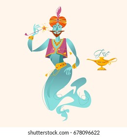 Happy genie with magic wand. Vector illustration