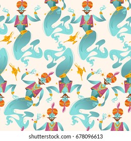 Happy genies with magic wands and magic lamps. Seamless background pattern. Vector illustration 