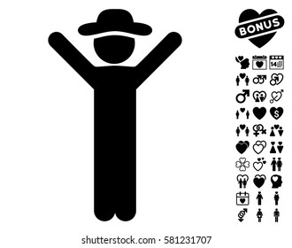 Happy Gentleman icon with bonus marriage symbols. Vector illustration style is flat iconic black symbols on white background.