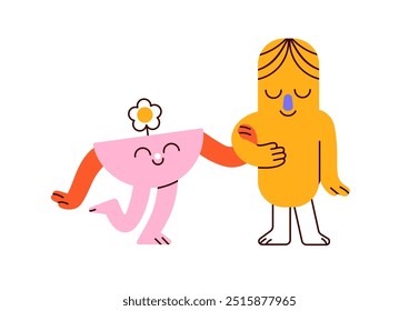 Happy geometric shape couple holding hands. Cute funny figures with joyful face expressions, walking together. Creative quirky characters. Flat vector illustration isolated on white background