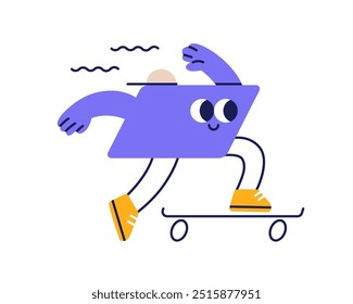 Feliz forma geométrica andando de skate. Uma engraçada figura cômica na prancha de skate. Humor peculiar crianças personagem, atividade esportiva. Ilustração vetorial plana e caprichosa isolada sobre fundo branco