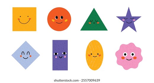 Happy geometric shapes with cute smiling faces. Colorful set of square, circle, triangle, star, diamond, rectangle, oval, and scalloped shape. Fun doodle design for kids. Simple vector illustration.