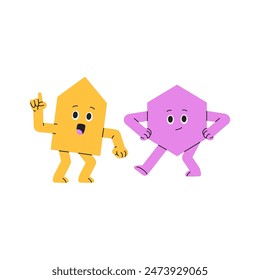 Happy geometric shapes dance, rejoice. Cute math figure pointing up, upward with index finger. Excited abstract characters of polygons have fun. Flat isolated vector illustration on white background