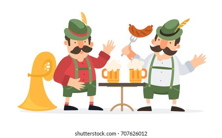 Happy German mens drinking beer and eating sausages on Oktoberfest beer festival. Vector illustration.