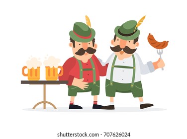 Happy German mens drinking beer and eating sausages on Oktoberfest beer festival. Vector illustration.