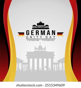 Happy German Unity Day 2024 Greeting Card with Brandenburg Gate Silhouette and Abstract Gradient German Flag. "Tag der Deutschen Einheit 2024". Translation: Unification Day of German 2024