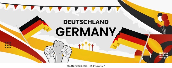 Happy Germany Unity Day or Deutschland. Modern abstract shape with raised hand and typography to celebrate national holidays in Germany flag colors. Suitable for poster, banners and greeting cards.