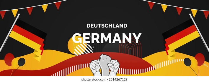 Happy Germany Unity Day or Deutschland. Modern abstract shape with raised hand and typography to celebrate national holidays in Germany flag colors. Suitable for poster, banners and greeting cards.