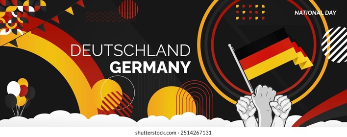 Happy Germany Unity Day or Deutschland. Modern abstract shape with raised hand and typography to celebrate national holidays in Germany flag colors. Suitable for poster, banners and greeting cards.