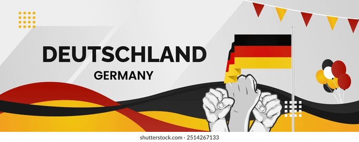 Happy Germany Unity Day or Deutschland. Modern abstract shape with raised hand and typography to celebrate national holidays in Germany flag colors. Suitable for poster, banners and greeting cards.