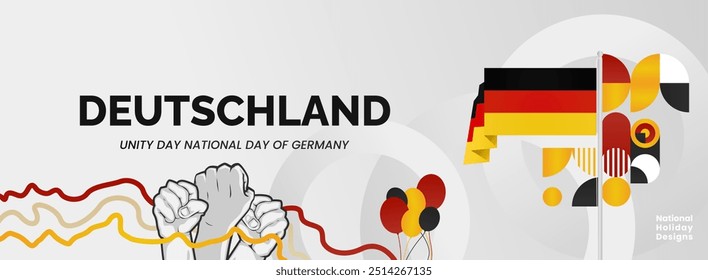 Happy Germany Unity Day or Deutschland. Modern abstract shape with raised hand and typography to celebrate national holidays in Germany flag colors. Suitable for poster, banners and greeting cards.