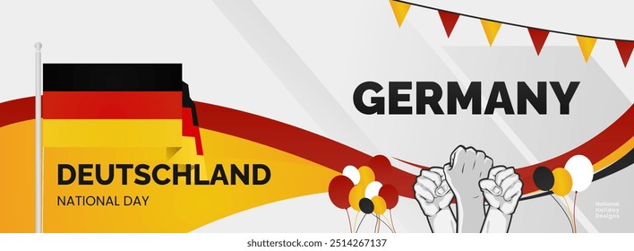 Happy Germany Unity Day or Deutschland. Modern abstract shape with raised hand and typography to celebrate national holidays in Germany flag colors. Suitable for poster, banners and greeting cards.