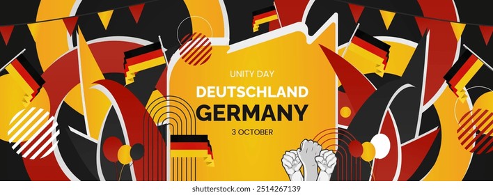 Happy Germany Unity Day or Deutschland. Modern abstract shape with raised hand and typography to celebrate national holidays in Germany flag colors. Suitable for poster, banners and greeting cards.