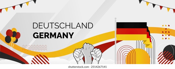 Happy Germany Unity Day or Deutschland. Modern abstract shape with raised hand and typography to celebrate national holidays in Germany flag colors. Suitable for poster, banners and greeting cards.