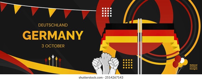 Happy Germany Unity Day or Deutschland. Modern abstract shape with raised hand and typography to celebrate national holidays in Germany flag colors. Suitable for poster, banners and greeting cards.