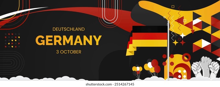 Happy Germany Unity Day or Deutschland. Modern abstract shape with raised hand and typography to celebrate national holidays in Germany flag colors. Suitable for poster, banners and greeting cards.