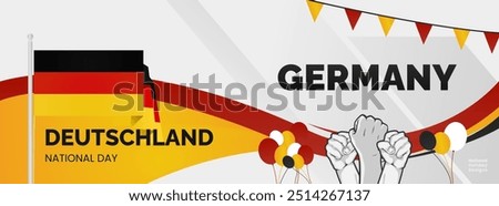 Happy Germany Unity Day or Deutschland. Modern abstract shape with raised hand and typography to celebrate national holidays in Germany flag colors. Suitable for poster, banners and greeting cards.